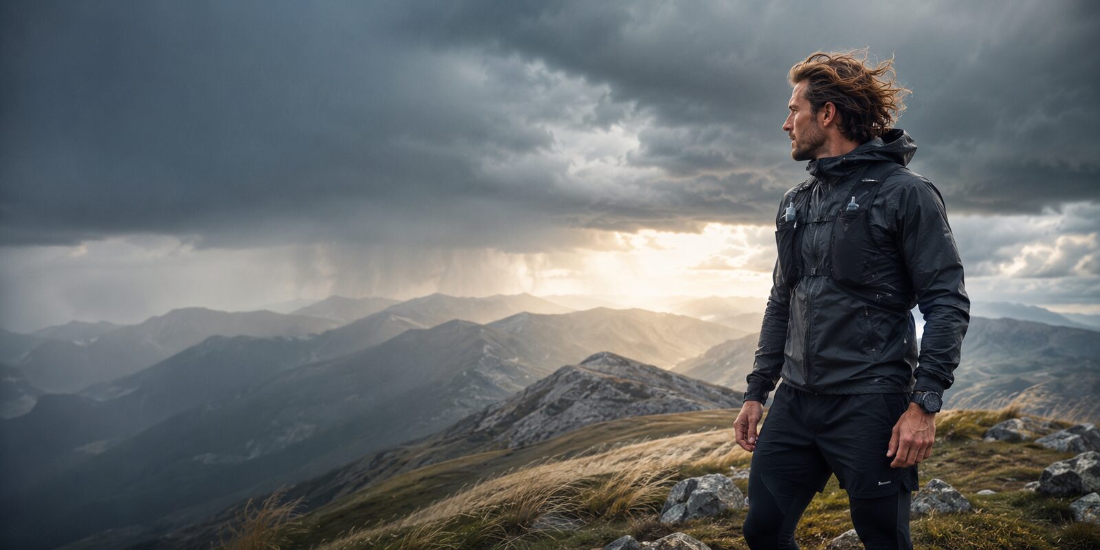 A runner in a black shell jacket on a windswept mountain ridge, storm clouds trailing visible shafts of rain over layered ridgelines, with sun breaking through on the right.